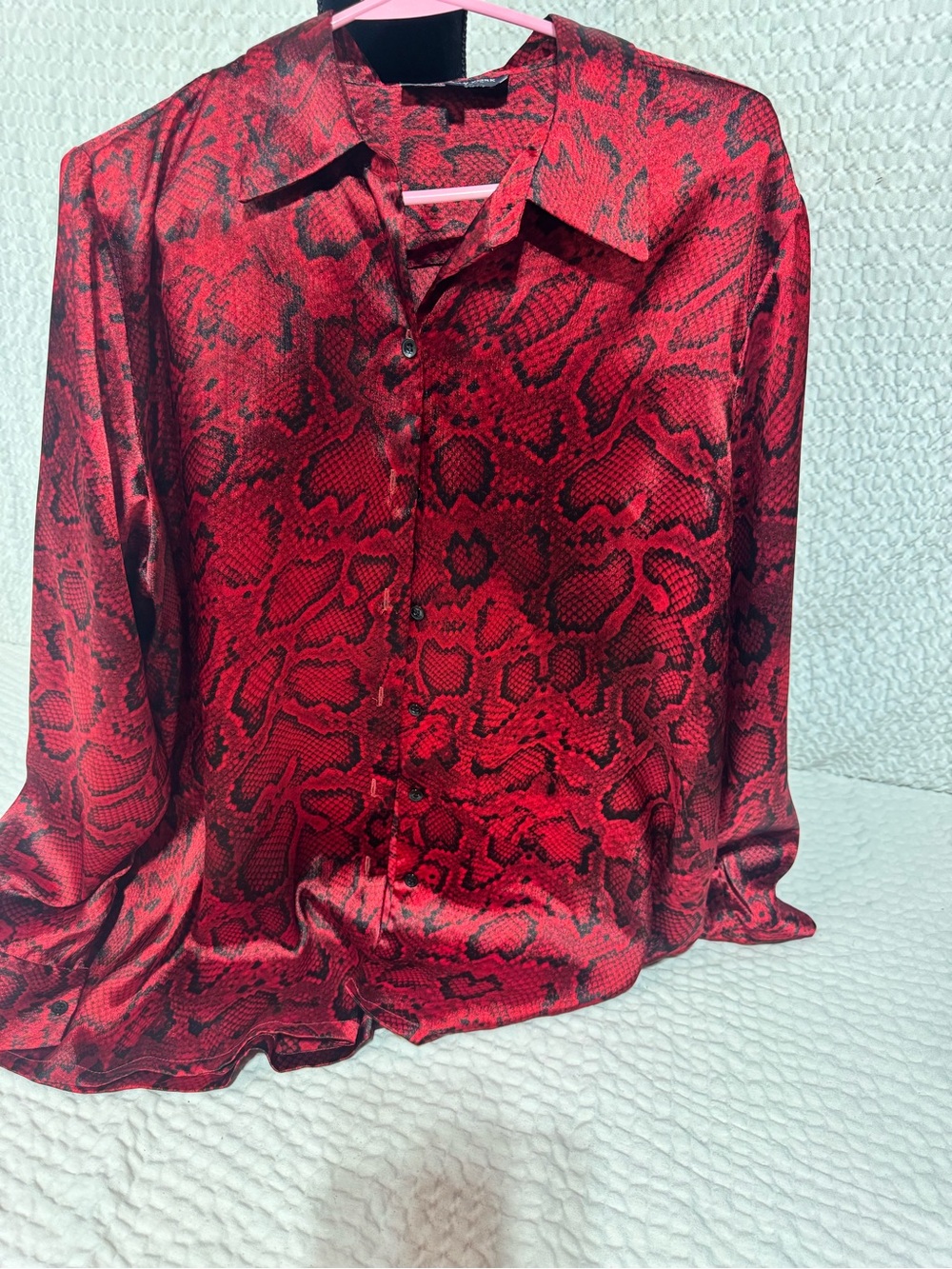 Jones New York Red Snake-Print Satin Button-Down Shirt